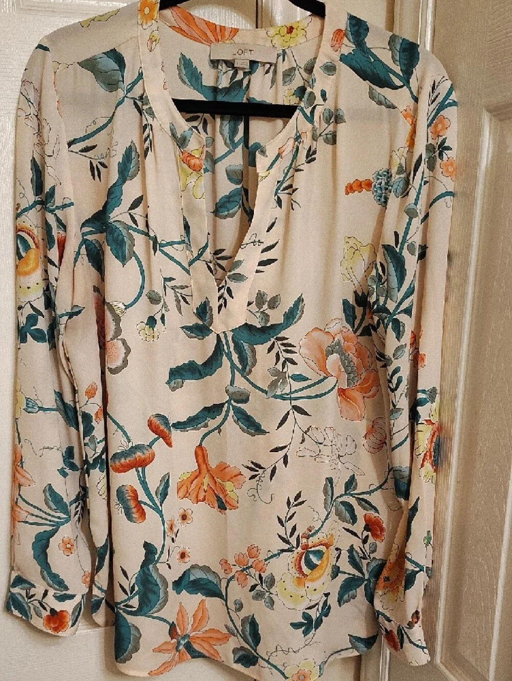 LOFT Cream Floral V-Neck Blouse with Teal and Orange Accents - Picture 2 of 7